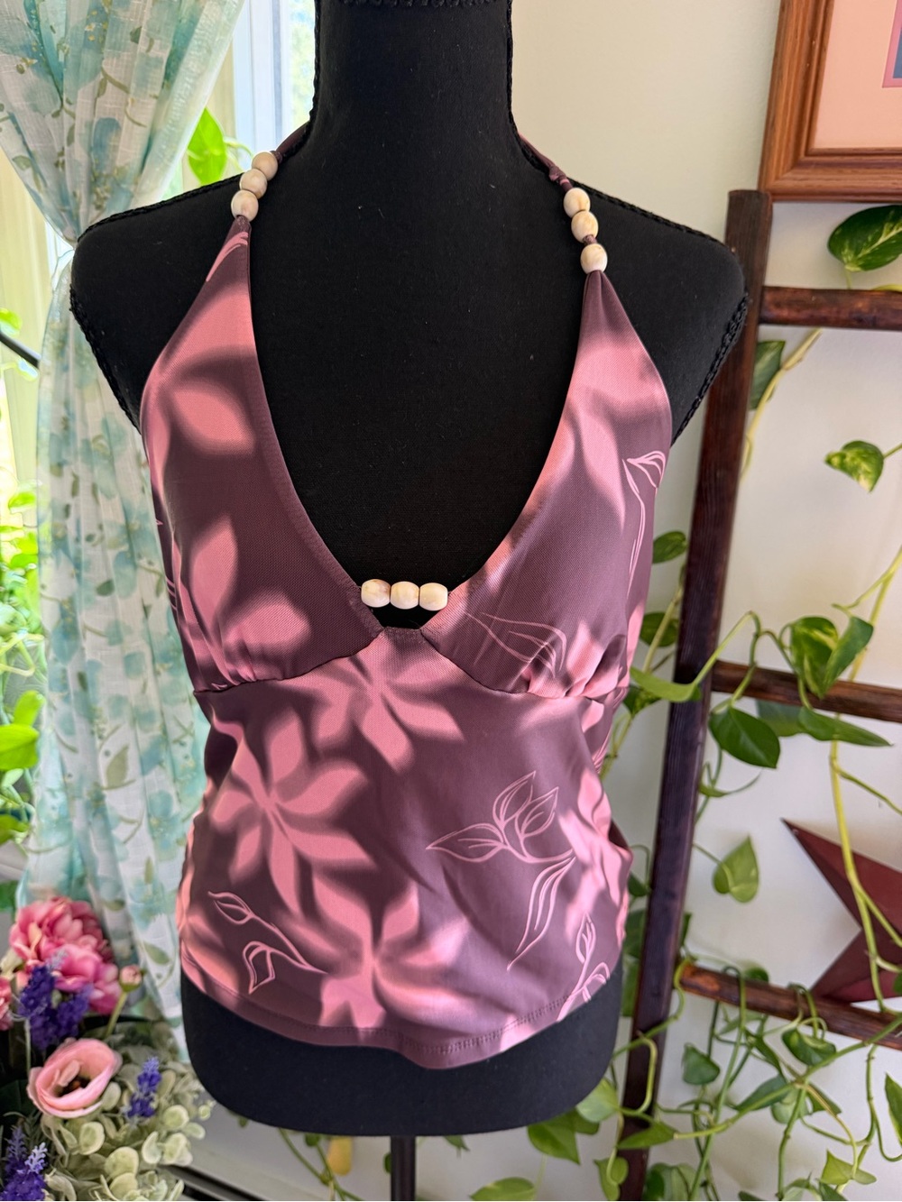 Pink Rose Mauve Floral Halter Camisole with Bead-Strap Detail